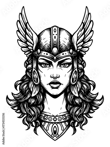 Beautiful Valkyrie Woman with Horned Winged Helmet Black and White Outline Line Art Drawing