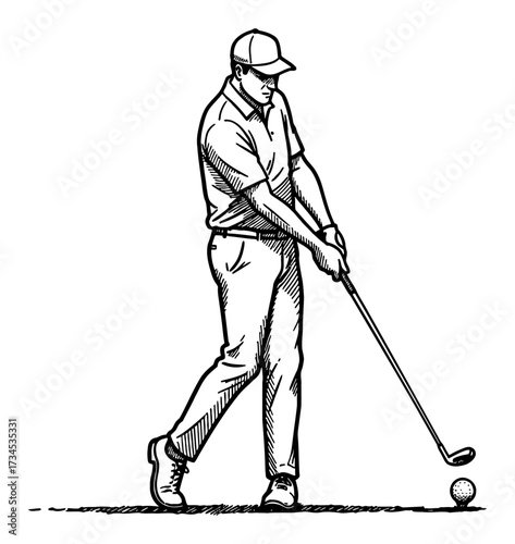 Man hitting golf ball front view Black and White Outline Line Art Drawing vintage style engraving