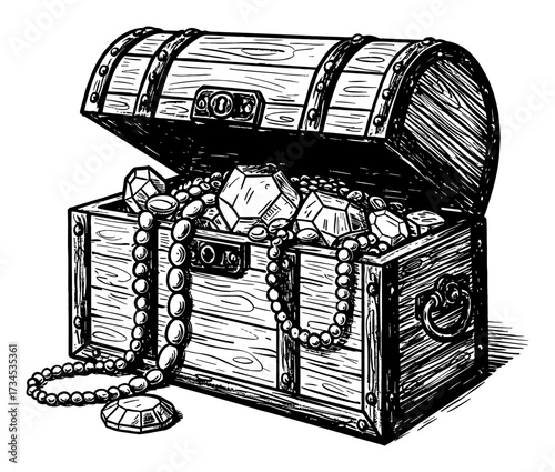 Open Wooden Chest Treasure Box with Jewelries Gems Black and White Outline Line Art Drawing