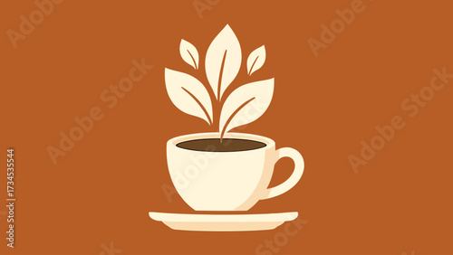 Flat vector coffee cup with rising steam shaped like leaves.