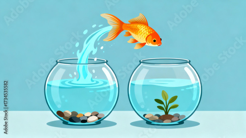 Goldfish Leaping Between Bowls Vector Art