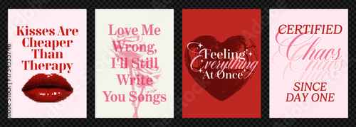 Trendy retro aesthetic poster set with bold love quotes, emotional phrases, halftone collage typography and modern inspired romantic graphic pop art