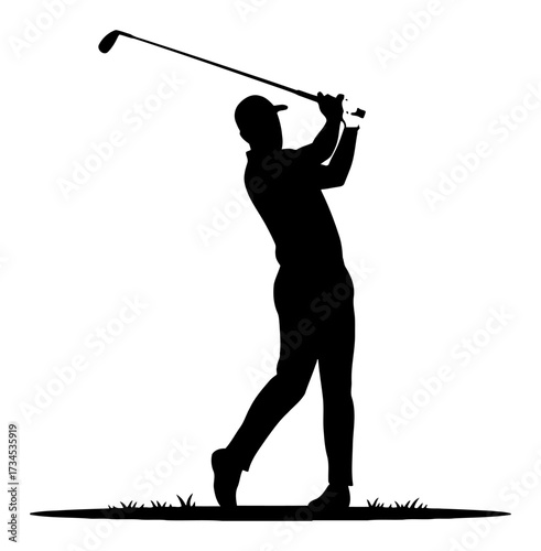 Dynamic Man Golfer Silhouette Swinging Golf Club Black and White Outline Line Art Drawing Vector