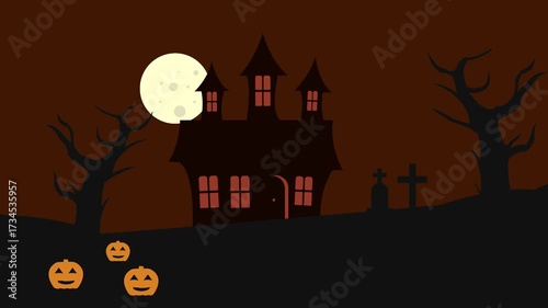 Halloween spooky haunted house with pumpkin full moon scary night and graveyard