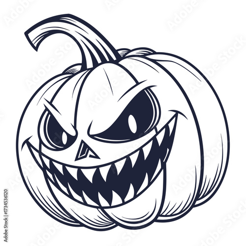 Scary jack o lantern halloween pumpkin with sharp teeth and evil grin