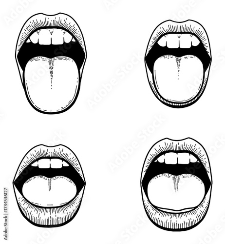 Four Different Open Mouth Expressions Showing Tongue Teeth and Lips Black and White Outline Line Art Drawing