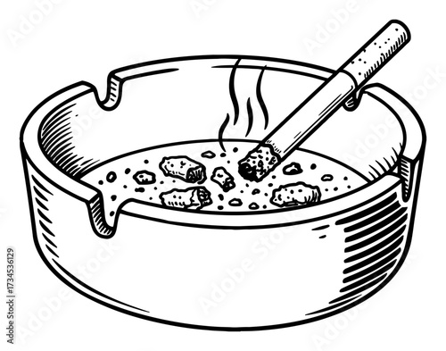 Classic White Ashtray with a Lit Cigarette and Ash Black and White Outline Line Art Drawing