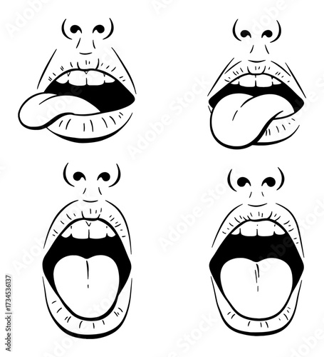 Four Mouth Expressions with Tongue Wide Open Scream Set Black and White Outline Line Art Drawing