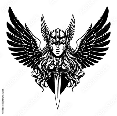 Majestic Beautiful Valkyrie with Winged Helmet and Sword Black and White Outline Line Art Drawing