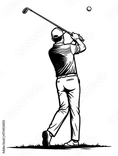 Golfer Man Hitting a Golf Ball Follow Through Back View Swing Black and White Outline Line Art Drawing