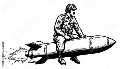 Retro Army Soldier Sitting on Flying Missile Bomb Black and White Outline Line Art Drawing