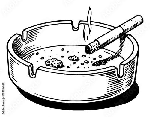 Classic White Ashtray with a Lit Cigarette and Smoke Black and White Outline Line Art Drawing