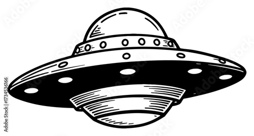 Vintage Flying Saucer UFO Space Ship Black and White Outline Line Art Drawing Old Etching Hand Drawn