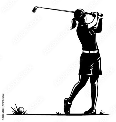 Woman Hitting a Golf Ball Dynamic Action Shot Black and White Outline Line Art Drawing Vector Illustration
