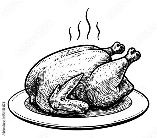 Whole Roasted Chicken Steaming on a Plate Black and White Outline Line Art Drawing Isolated Object