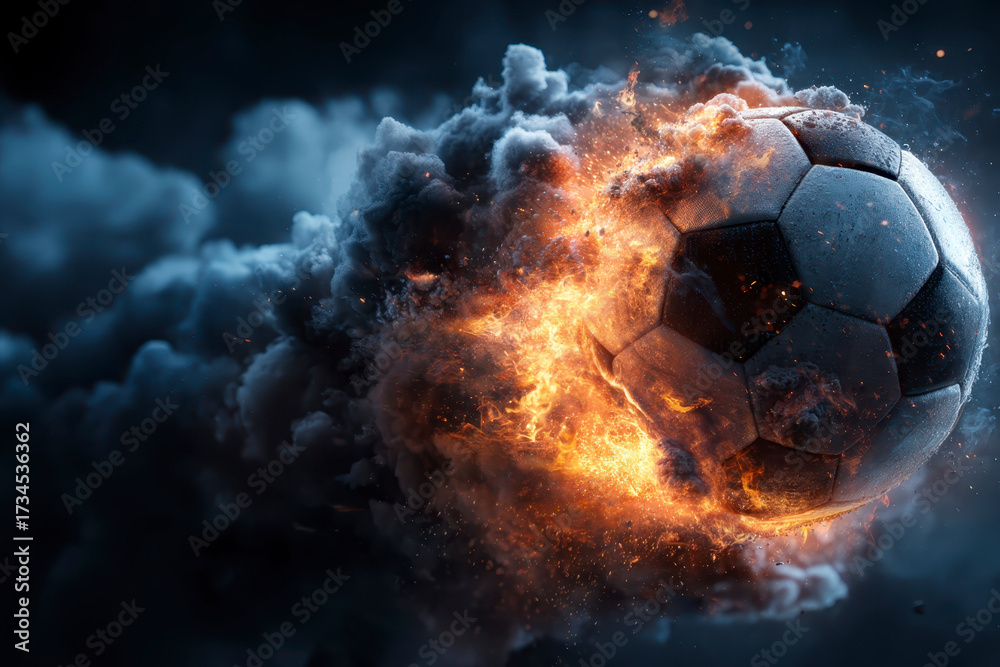 Fototapeta premium Soccer ball engulfed in fiery explosion with smoke and sparks, dynamic sports action concept with intense energy and motion captured in dark background