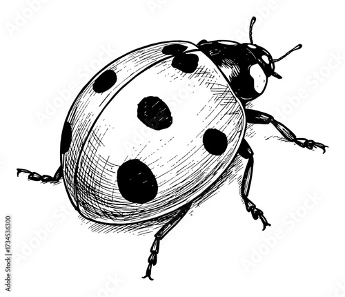 Vintage Engraving Black and White Outline Line Art Drawing of a Ladybug Insect Isolated Object Close Up View