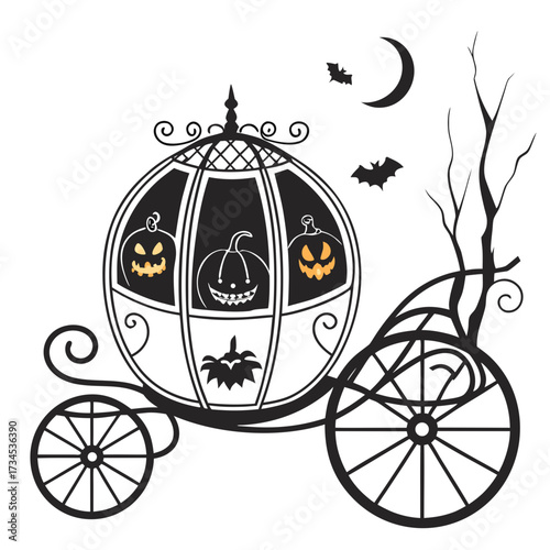 Spooky halloween pumpkin carriage with bats and crescent moon