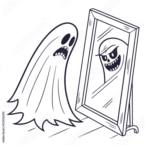 Scared ghost sees scary reflection in mirror
