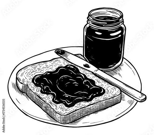 Delicious breakfast toast spread with jam jar and knife Black and White Outline Line Art Drawing