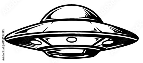 Stylized Sci Fi Flying Saucer UFO Black and White Outline Line Art Drawing Graphic Detail