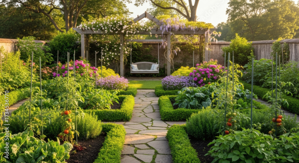 Naklejka premium A classic garden with green vegetable beds, blooming shrubs, a small pergola, stone pathways, and a swing