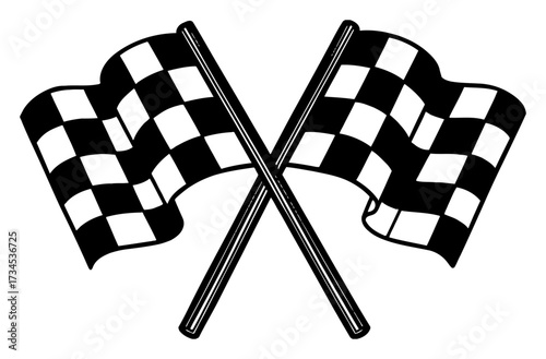 Detailed Pair of Crossed Checkered Racing Flags Black and White Outline Line Art Drawing Vintage Engraving Style