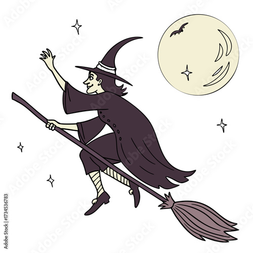 Happy witch flying on broomstick under the full moon