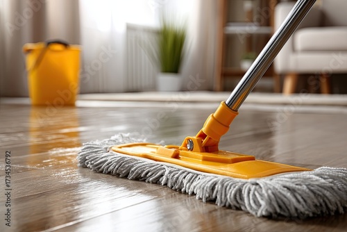 Cleaning white parquet floor with a mop in a room.