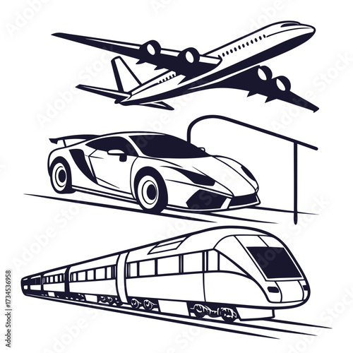 Modern transportation modes including airplane car and train