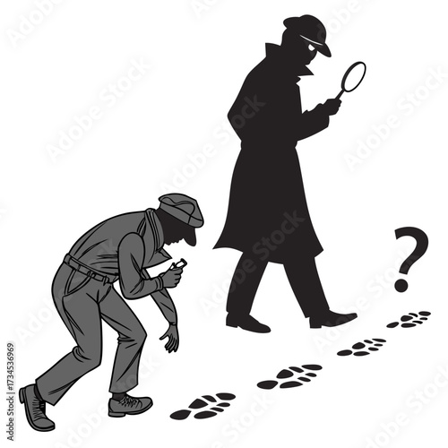 Two detectives follow footprints and a question mark on a white background