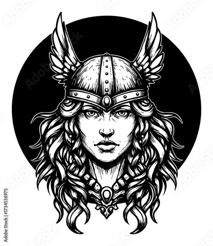 Beautiful Winged Helmet Valkyrie Portrait Black and White Outline Line Art Drawing Vintage Style