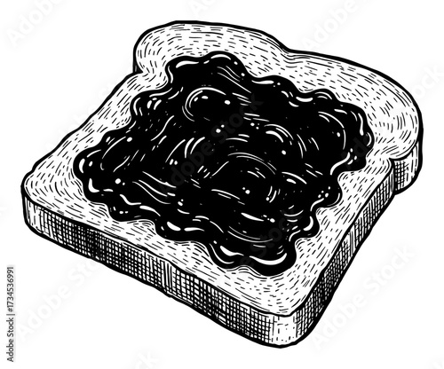 Vintage engraving style toast slice with jam spread on top Black and White Outline Line Art Drawing