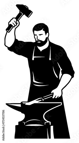 Bearded Blacksmith Striking Anvil with Hammer Black and White Outline Line Art Drawing Vector Logo