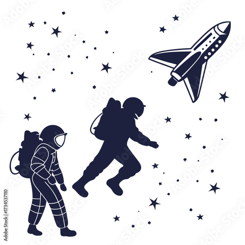 Astronauts and rocket ship floating among stars in space
