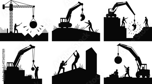 Silhouettes of construction workers with wrecking ball cranes, demolition work, heavy machinery, urban destruction, industrial site operation, building removal, construction teamwork illustration