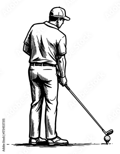 Man Hitting Golf Ball Back View Engraving Style Black and White Outline Line Art Drawing Vector Illustration