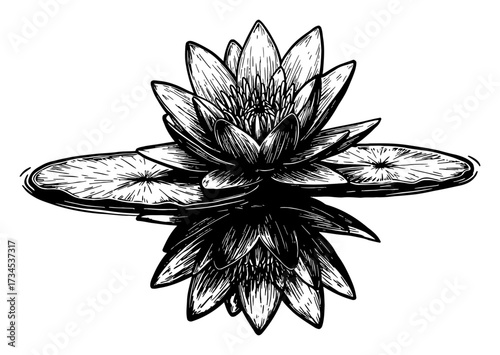 Vintage Black and White Outline Line Art Drawing of Lotus Flower on Water with Reflection Engraving