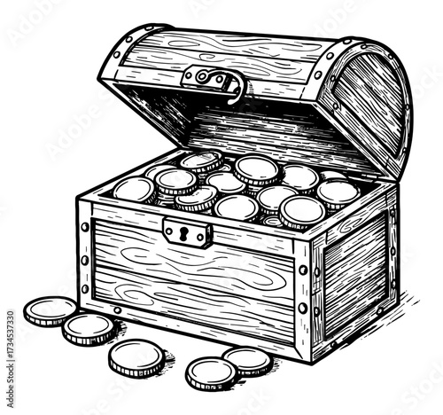 Wooden Chest Treasure with Blank Gold Coins Black and White Outline Line Art Drawing Vector Icon