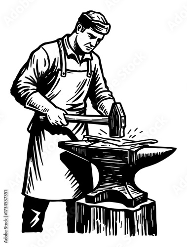 Blacksmith Working with Hammer on Anvil Simple Logo Black and White Outline Line Art Drawing