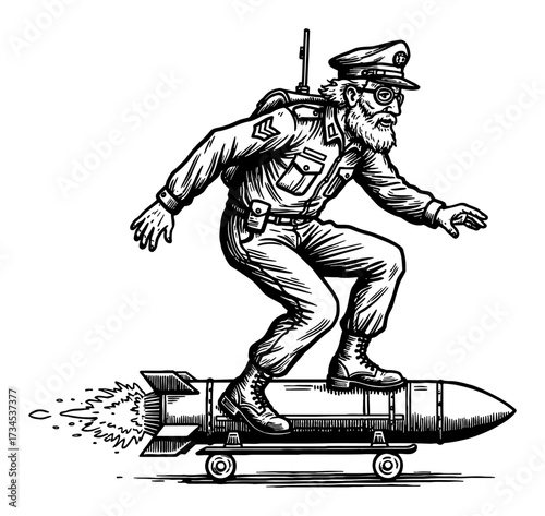 Old Bearded Veteran Skating on Missile Bomb Black and White Outline Line Art Drawing Vector Illustration