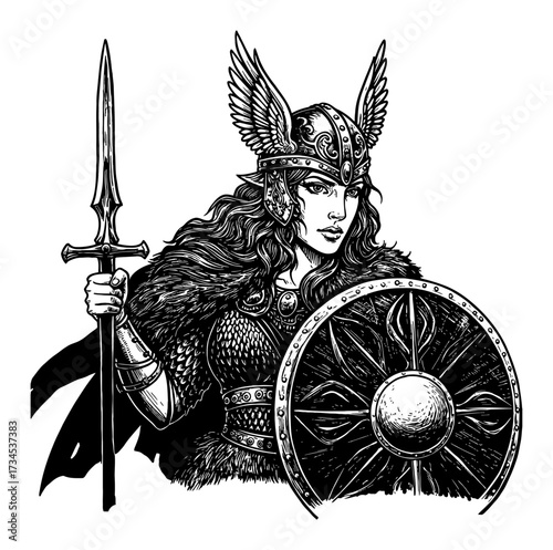 Beautiful Winged Helmet Valkyrie Warrior Holding Spear and Shield Detailed Black and White Outline Line Art Drawing