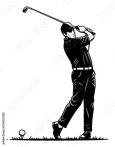 Man hitting a golf ball back view swing detailed illustration Black and White Outline Line Art Drawing vintage