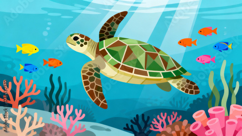 Sea Turtle Swimming With Fish Vector Art