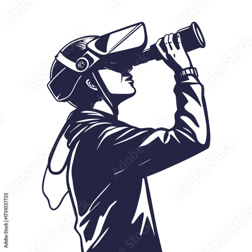 Person wearing a vr headset looking through binoculars