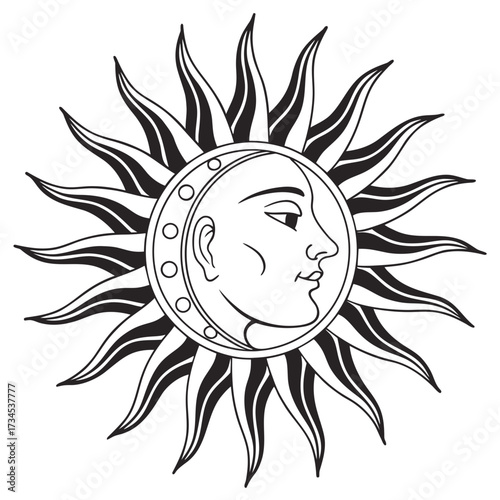 Stylized sun face with radiating rays in black and white