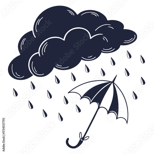 Dark cloud raining on an umbrella