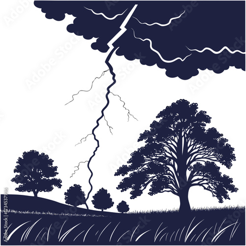 Silhouette of trees and grass under a dark stormy sky with lightning strike