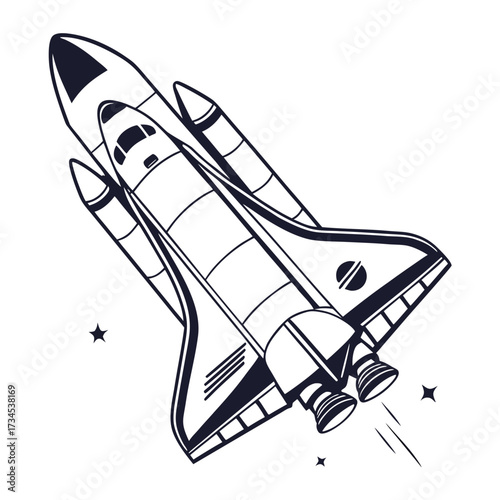 Space shuttle launching into outer space with stars