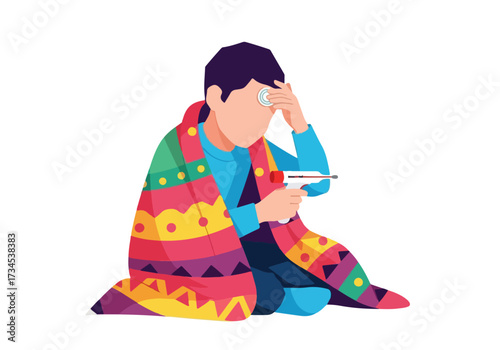 Sick Child with Fever and Thermometer Illustration for Healthcare and Medical Concepts